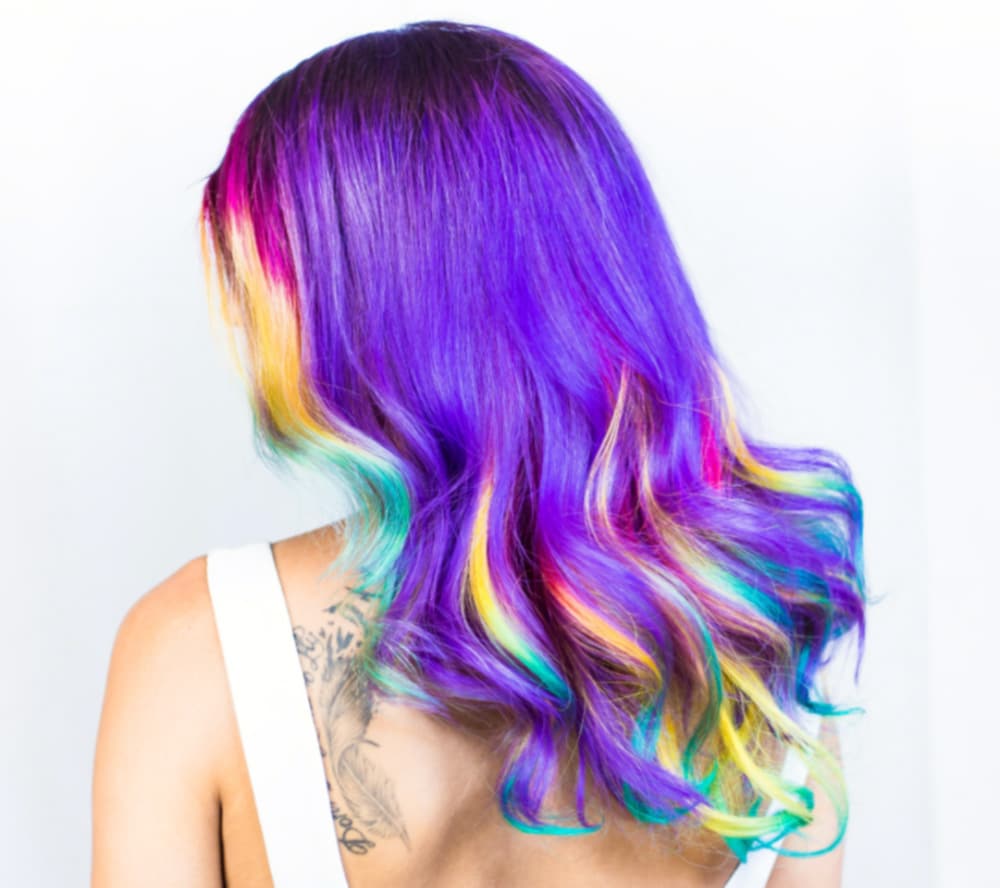 Beautiful long hair dyed in rainbow colors