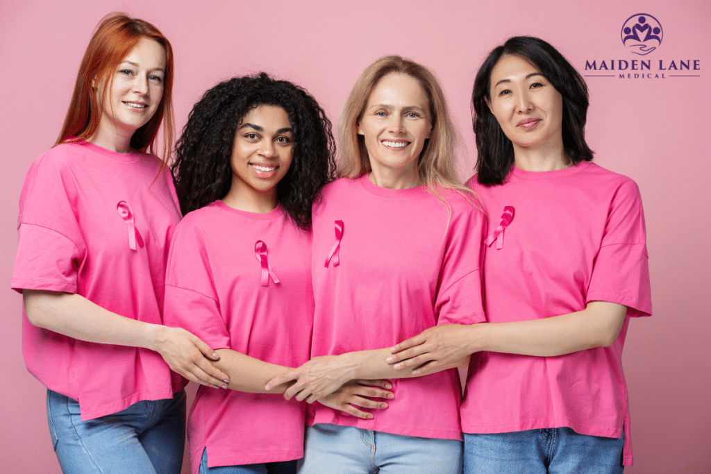 A diverse group of women raising awareness of breast cancer in Manhattan, New York.