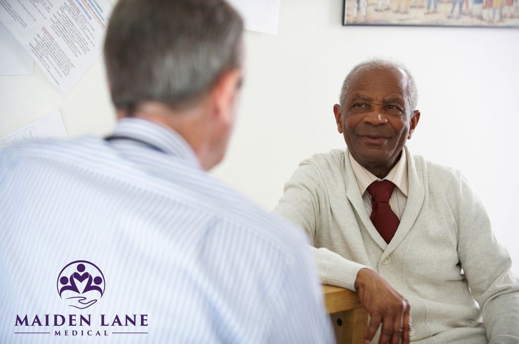 Older male patient talking to prostatitis specialist.
