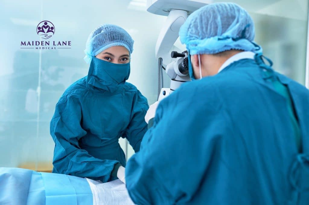 Surgeons performing a robotic laparoscopic surgery in NYC.