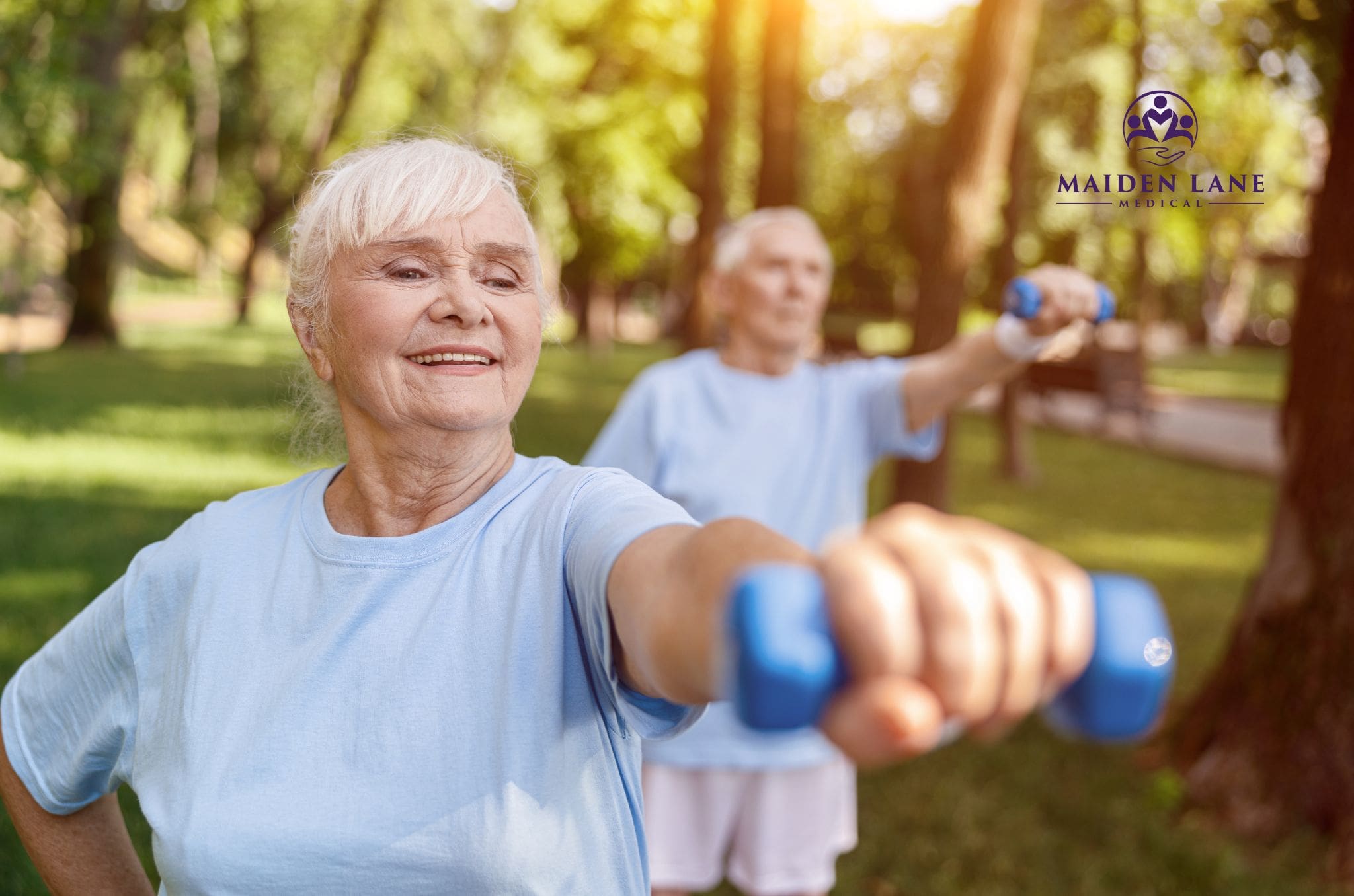 An older woman exercising and feeling the good effects of taking calcium supplements.
