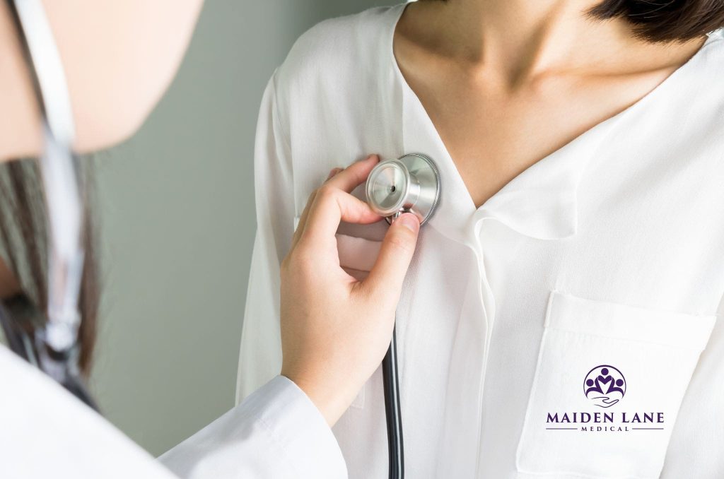 A woman visiting Maiden Lane Medical for a heart checkup.