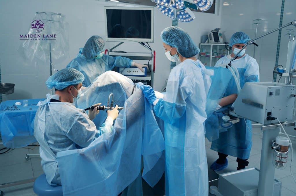 Doctors in Manhattan, NY performing a laparoscopic surgery.