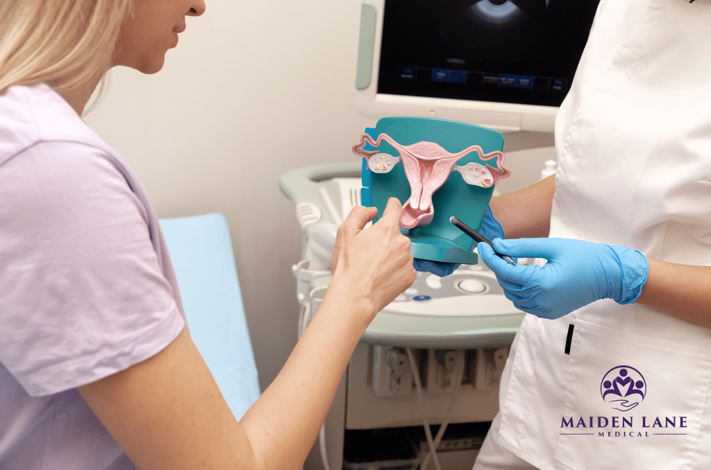 A gynecologist explaining how an IUD is inserted.