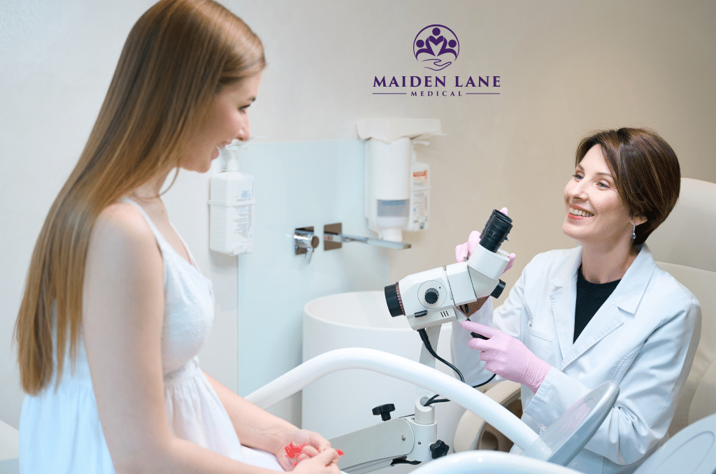 A woman visiting a gynecologist in NYC.