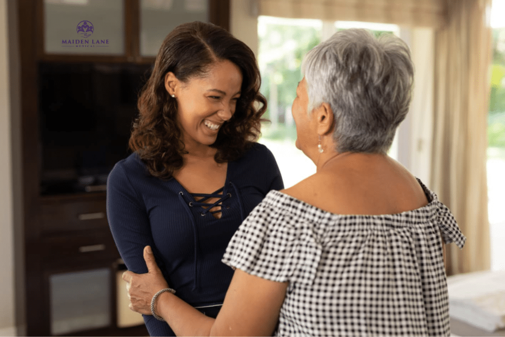 Two women happy about visiting Maiden Lane Medical.