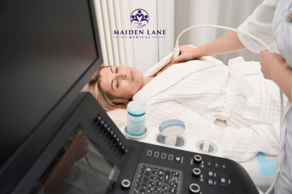 A woman getting a diagnostic breast ultrasound at MLM.