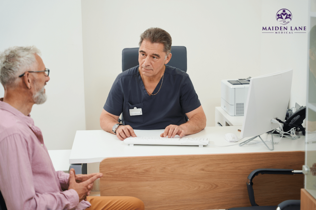 A man at the doctor to receive prostatitis treatment in Manhattan, New York.