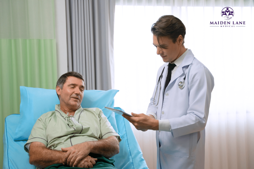 A man at the doctor about to get a prostate exam in Manhattan, New York.