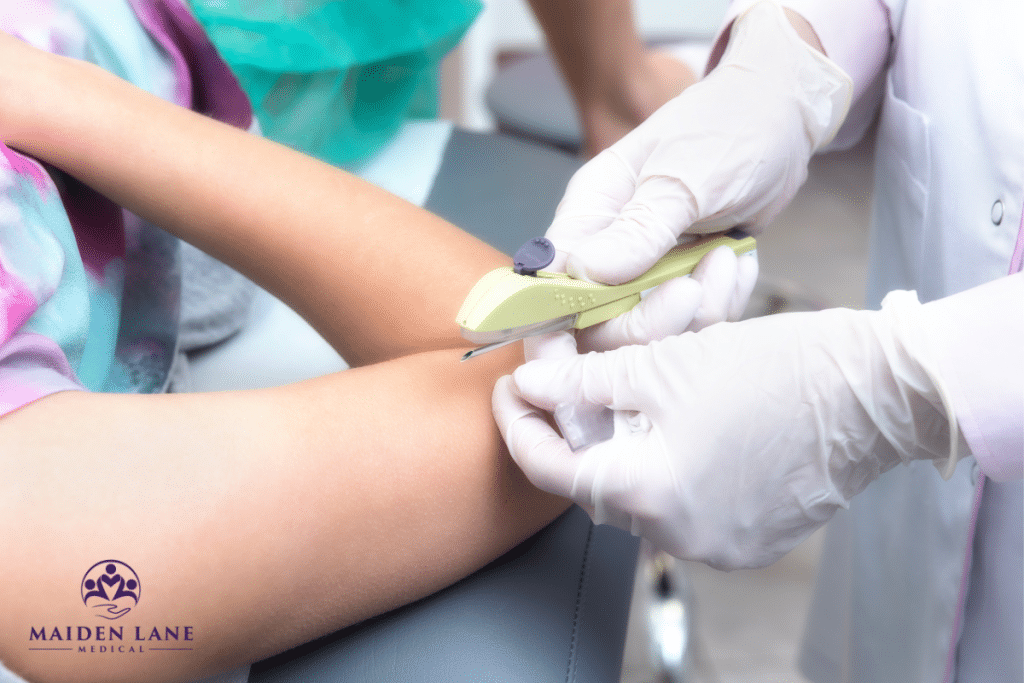 A specialist inserting nexplanon in a woman’s arm in Manhattan, New York.