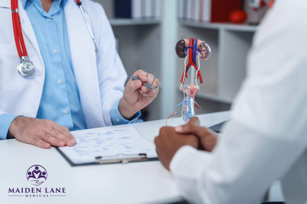 A specialist using a model to explain urinary tract infections in males in Manhattan, New York.