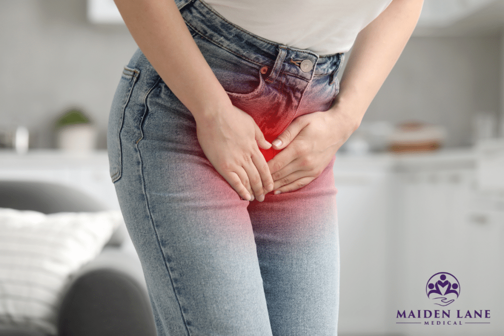 A woman experiencing pain in her pelvic area as a symptom of a UTI in Manhattan, New York.