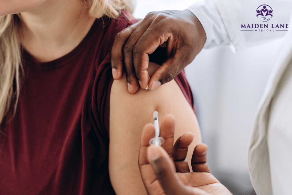 A woman getting vaccinated in Manhattan, New York.