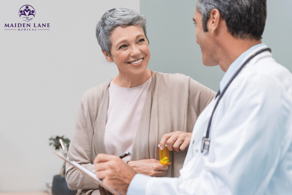 A woman going through menopause at the doctors to get tips on coping in Manhattan, New York.
