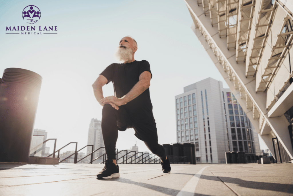 An older man keeping active after recovering fully from cryotherapy for prostate cancer in Manhattan, New York.