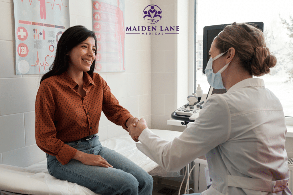 A happy patient at the doctor for a surgical procedure in Manhattan, New York.