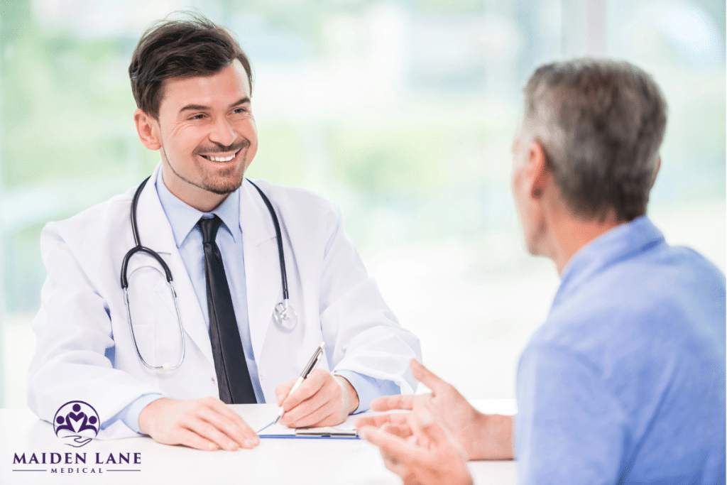 A man a the doctor for a consultation on cryotherapy for prostate cancer treatment in Manhattan, New York.