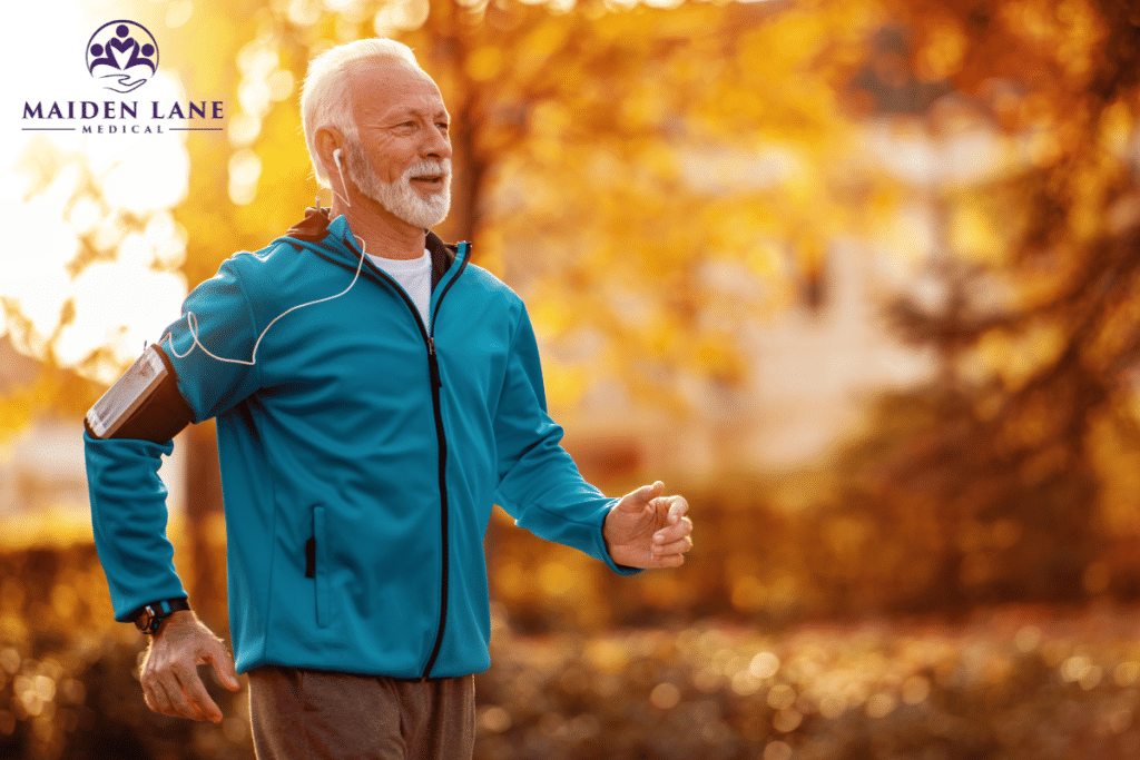 An older man keeping active after recovering from an MRI fusion prostate biopsy in Manhattan, New York.