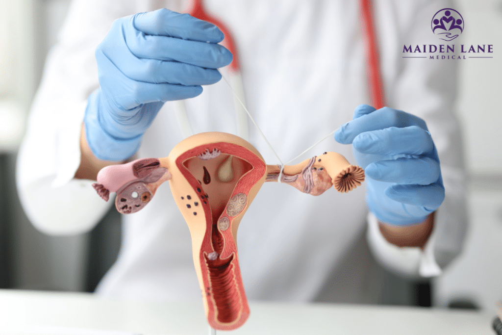 A doctor demonstrating how to perform tubal ligation on a model in Manhattan, New York.